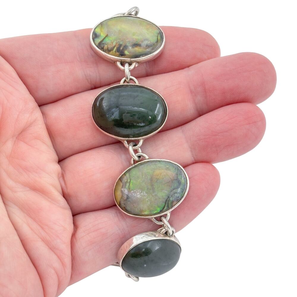 Vintage Sterling Silver 925 Abalone and Nephrite Link Bracelet 6-7"